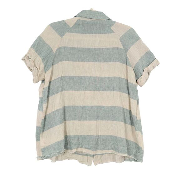 J ROBERTS Blue Beige Striped Linen Cotton Coconut Button Top SIZE MEDIUM - Picture 2 of 8